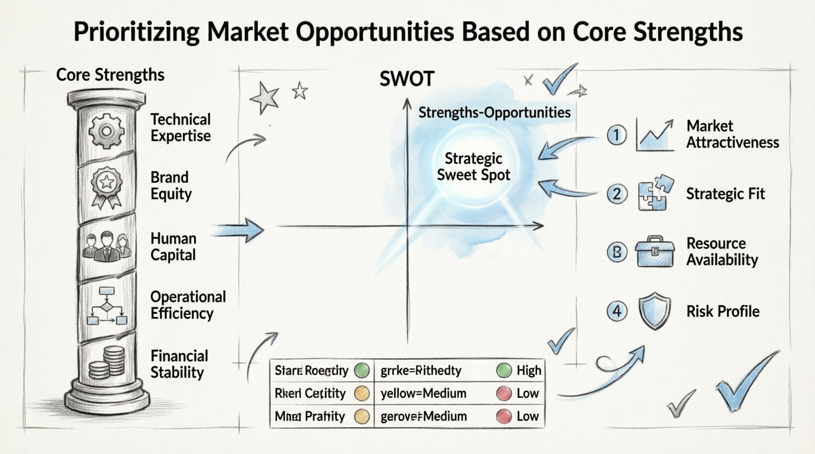 Hand-drawn sketch infographic illustrating how to prioritize market opportunities based on core business strengths using SWOT analysis framework, featuring five core strength pillars (technical expertise, brand equity, human capital, operational efficiency, financial stability), highlighted Strengths-Opportunities matrix intersection, four-step prioritization criteria (market attractiveness, strategic fit, resource availability, risk profile), and a visual scoring table example with priority indicators, all rendered in pencil-and-ink style with subtle blue accents on 16:9 landscape layout