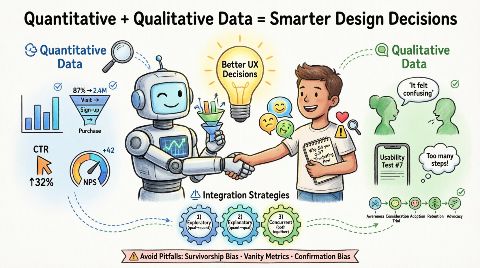 Cartoon infographic illustrating how quantitative data (numerical metrics, large-scale analytics, validation) and qualitative data (user interviews, behavioral insights, discovery) work together to drive evidence-based UX design decisions, featuring comparison visuals, three integration strategies (exploratory, explanatory, concurrent), and key pitfalls to avoid like survivorship bias and vanity metrics