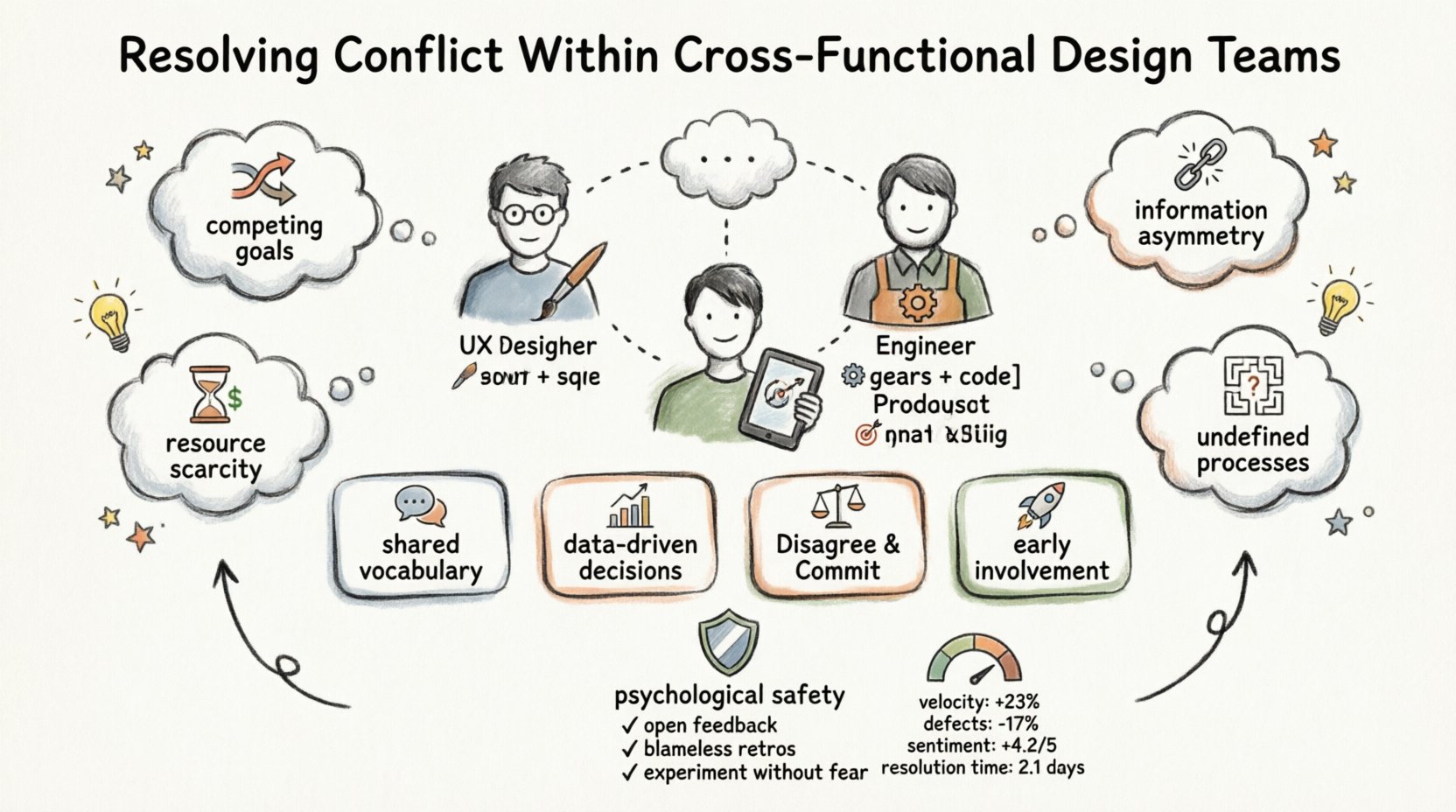 Hand-drawn infographic illustrating strategies for resolving conflict within cross-functional design teams, featuring three interconnected roles (UX Designer, Engineer, Product Manager), four root causes of friction (competing goals, information asymmetry, resource scarcity, undefined processes), four resolution strategies (shared vocabulary, data-driven decisions, disagree and commit protocol, early involvement), communication frameworks, psychological safety indicators, and success metrics—all rendered in thick-outline sketch style with warm watercolor accents on a 16:9 canvas