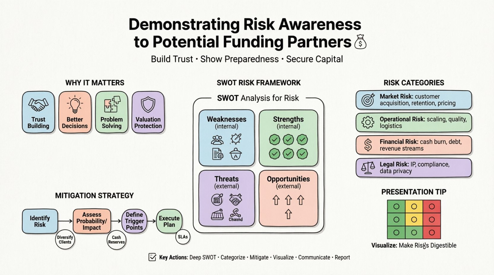 Infographic: Demonstrating Risk Awareness to Potential Funding Partners - Flat design visualization showing why risk transparency builds investor trust, SWOT analysis framework for identifying internal weaknesses and external threats, four risk categories (market, operational, financial, legal), mitigation strategy flowchart with trigger points, risk matrix presentation tips, and key action checklist for founders seeking capital