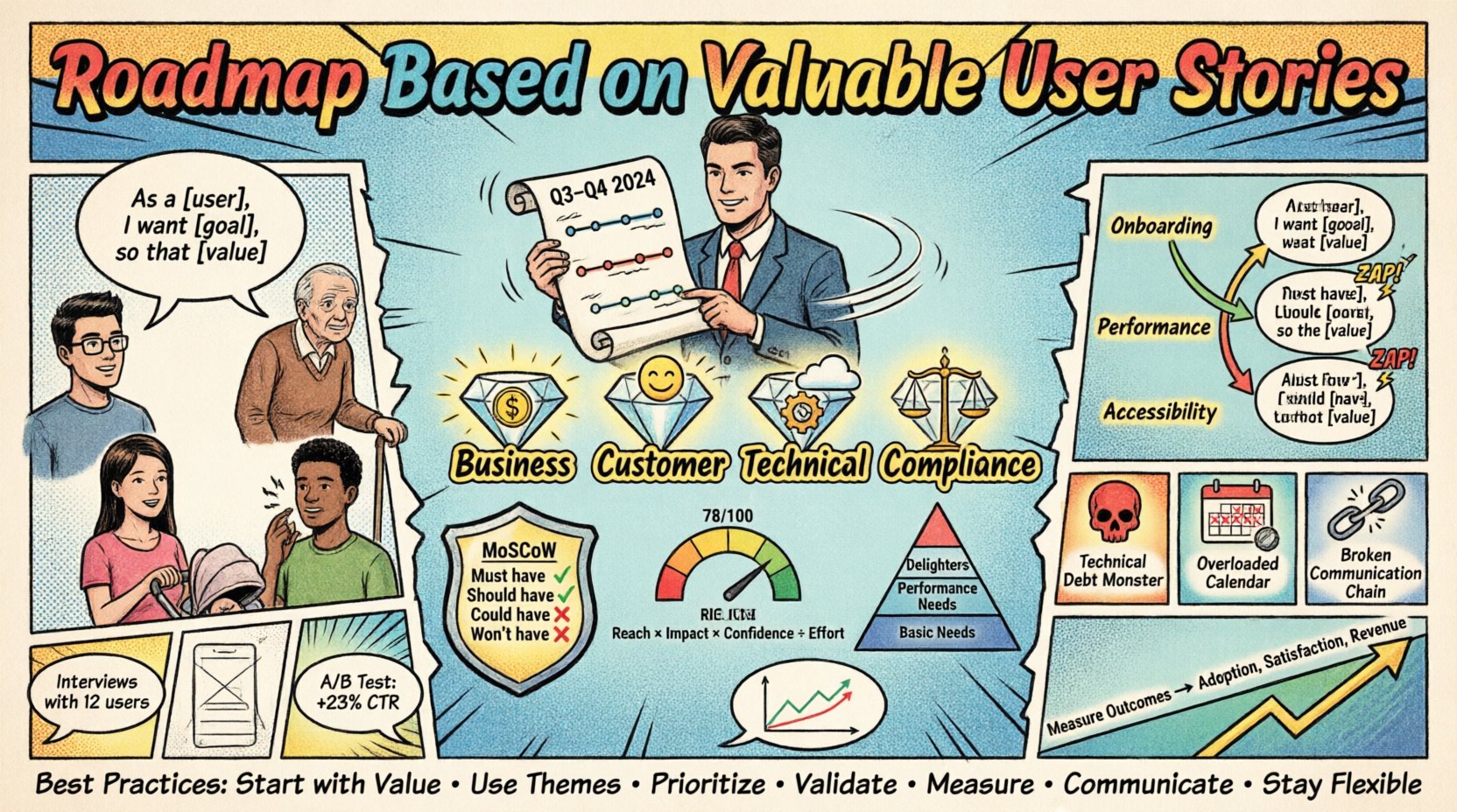 Comic book style infographic illustrating how to build a product roadmap based on valuable user stories, featuring user story format 'As a [user], I want [goal], so that [value]', four value types (business, customer, technical, compliance), theme mapping process with Onboarding/Performance/Accessibility epics, prioritization frameworks (MoSCoW, RICE, Kano), validation steps (interviews, prototyping, A/B testing), common pitfalls to avoid (technical debt, overloading, static planning), and success metrics (adoption, retention, satisfaction, revenue) with dynamic comic panels, bold outlines, and vibrant colors