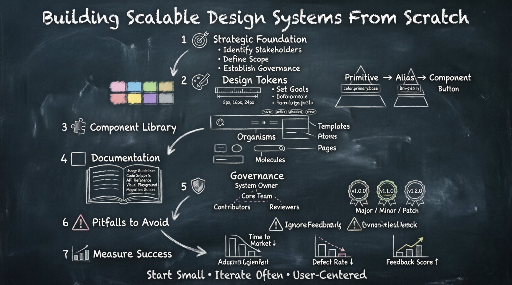 Chalkboard-style infographic illustrating the 7-step process for building scalable design systems: strategic foundation, design tokens, component library architecture, documentation, governance protocols, common pitfalls to avoid, and metrics for measuring system health, with hand-written teacher-style visuals