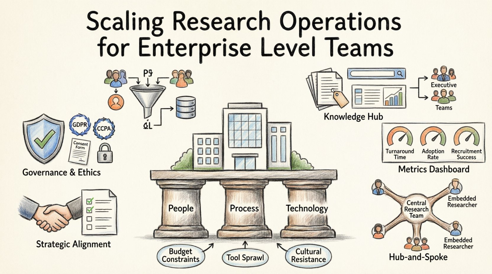 Hand-drawn infographic illustrating how to scale research operations for enterprise teams, featuring three core pillars (People, Process, Technology) as foundation, with connected sections on strategic alignment, governance and ethics compliance, participant recruitment at scale, centralized knowledge management, KPI metrics dashboard, hub-and-spoke organizational model, and solutions for common scaling challenges like budget constraints and cultural resistance