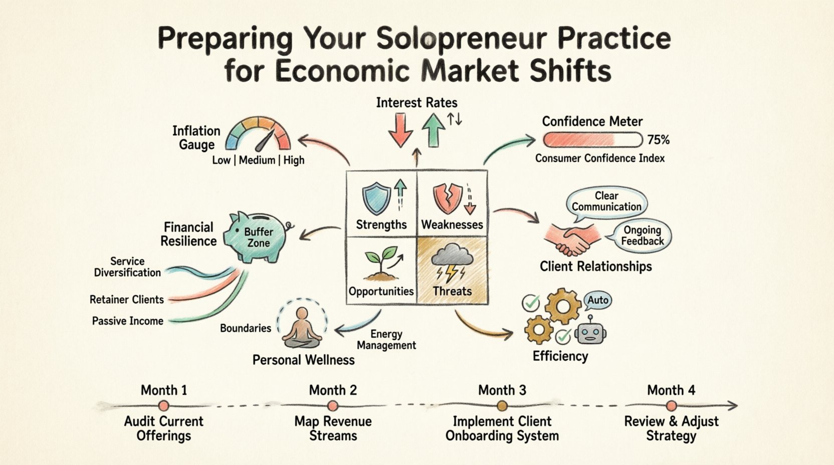 Marker-style infographic illustrating how solopreneurs can prepare for economic market shifts using SWOT analysis, featuring sections on strengths (agility, low overhead), weaknesses (cash reserves, client concentration), opportunities (cost-reduction services, new niches), and threats (budget cuts, competition), plus visual elements for financial resilience strategies, client relationship management, operational efficiency, and a 4-month action plan timeline