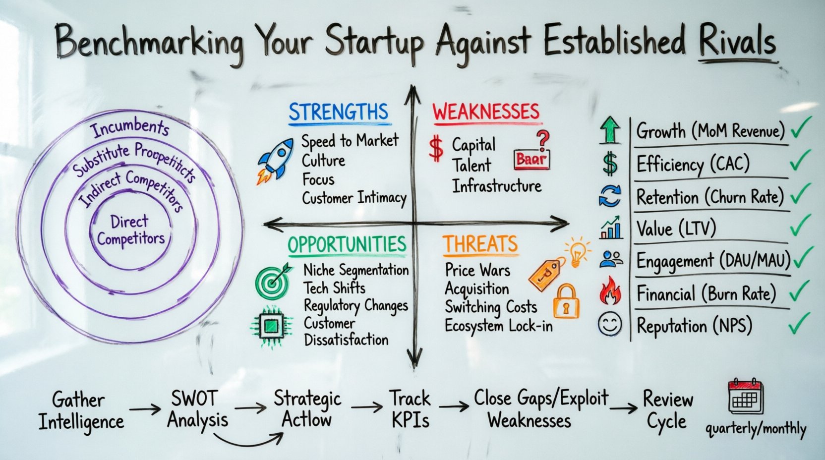 Hand-drawn whiteboard infographic illustrating how startups can benchmark against established rivals using SWOT analysis framework, competitive landscape mapping, key performance indicators comparison table, and strategic action planning, with color-coded marker sections for strengths (blue), weaknesses (red), opportunities (green), threats (orange), and metrics tracking on 16:9 layout