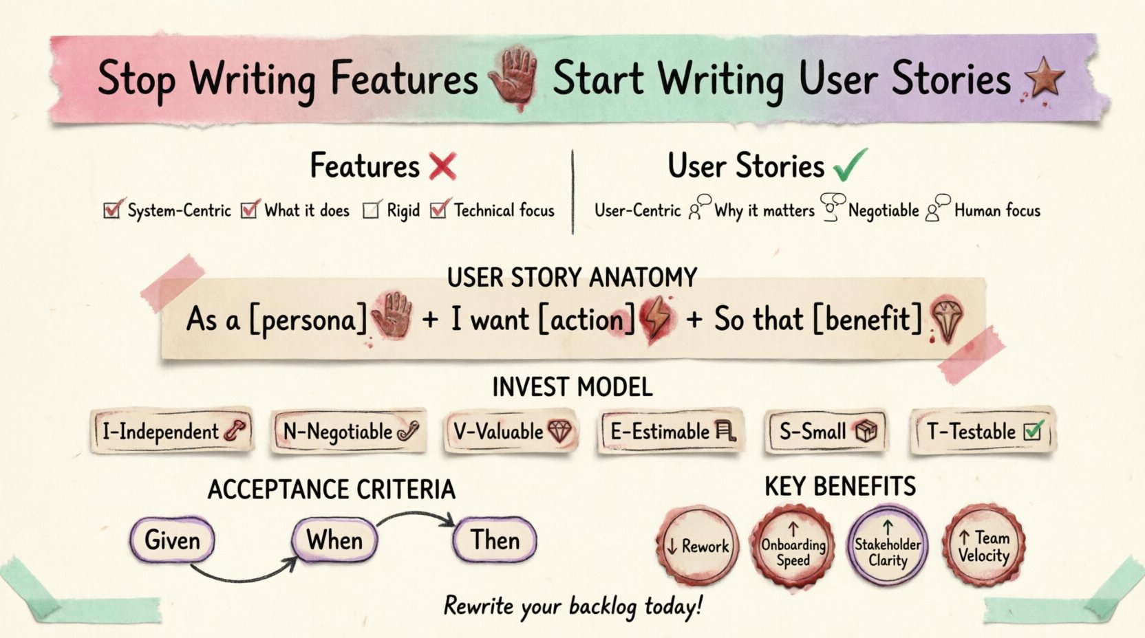 Infographic comparing features vs user stories in product development: shows user story formula (As a [user] I want [action] so that [benefit]), INVEST criteria checklist, Given-When-Then acceptance criteria framework, and key benefits like reduced rework and faster onboarding, designed with decorative washi tape borders and rubber stamp style icons