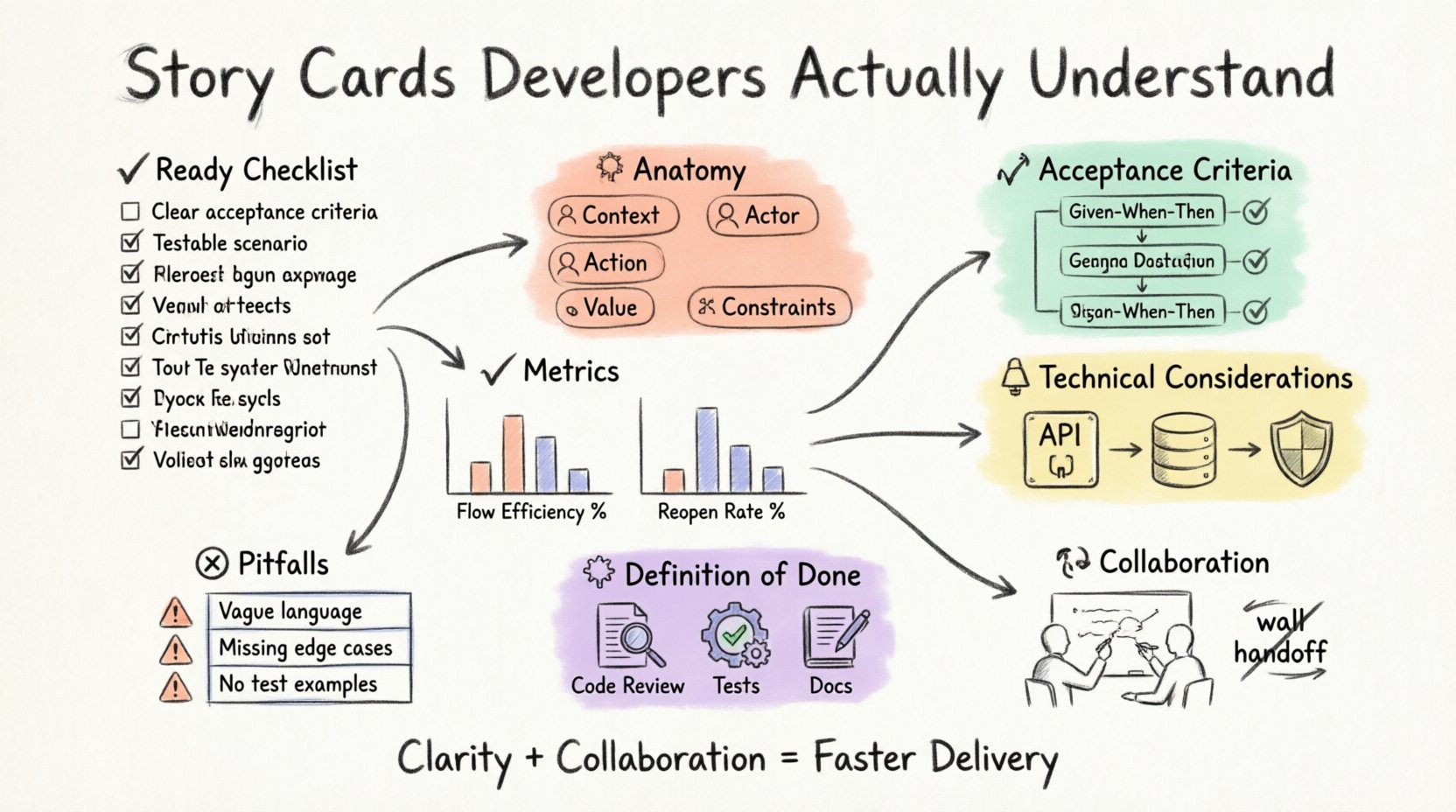 Hand-drawn infographic summarizing how to write effective story cards for developers: includes anatomy of functional cards (context, actor, action, value, constraints), acceptance criteria with Given-When-Then format, technical considerations (API, data, security), collaboration best practices, Definition of Done checklist, common pitfalls table, success metrics, and a ready-card verification checklist—all in a sketched visual flow for agile software teams
