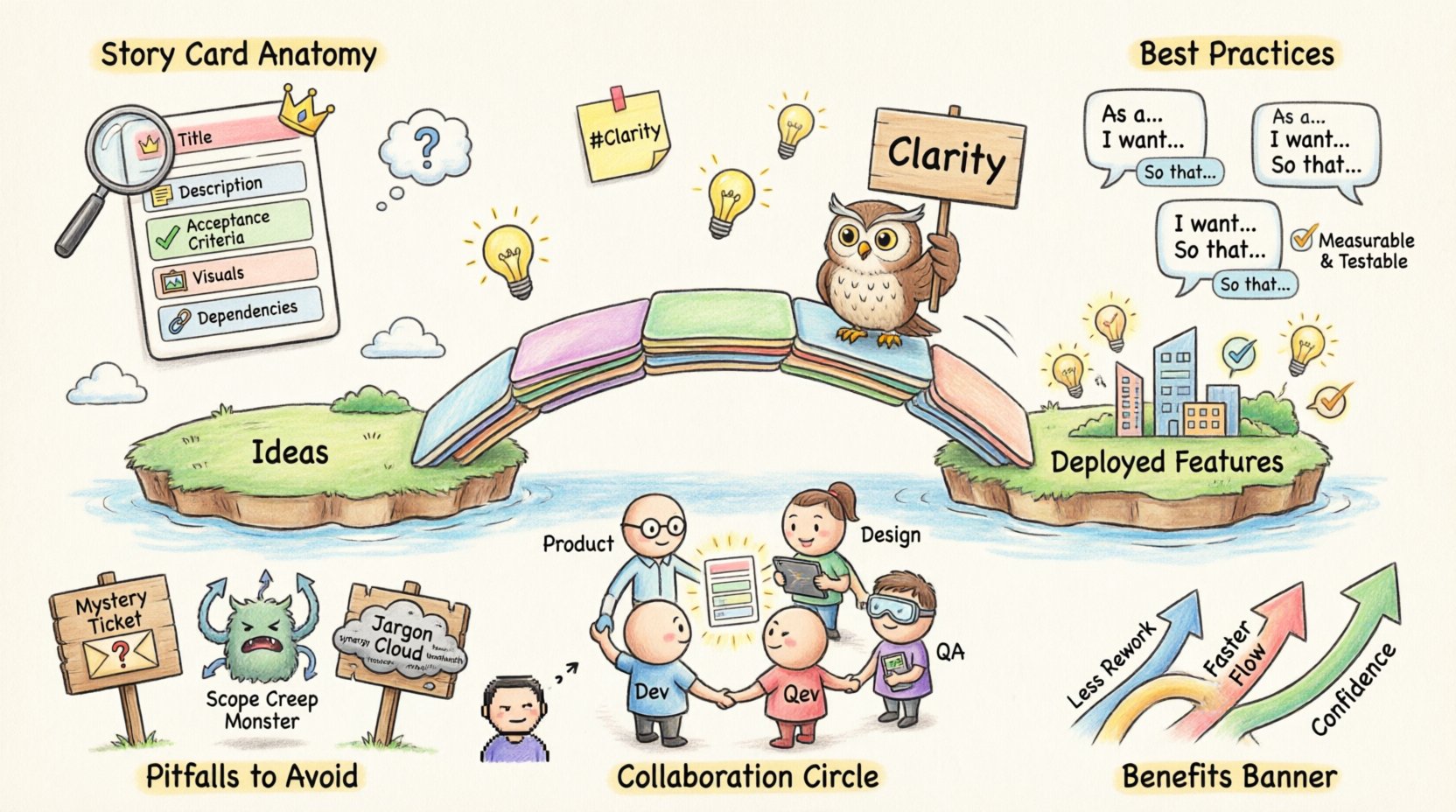 Whimsical infographic illustrating how clear story cards streamline team communication in software development, featuring the anatomy of a story card (title, description, acceptance criteria, visuals, dependencies), user-focused writing best practices with Given-When-Then structure, collaboration between Product, Development, Design and QA roles, common pitfalls to avoid like mystery tickets and scope creep, and measurable benefits including reduced rework, faster workflow, and increased team confidence