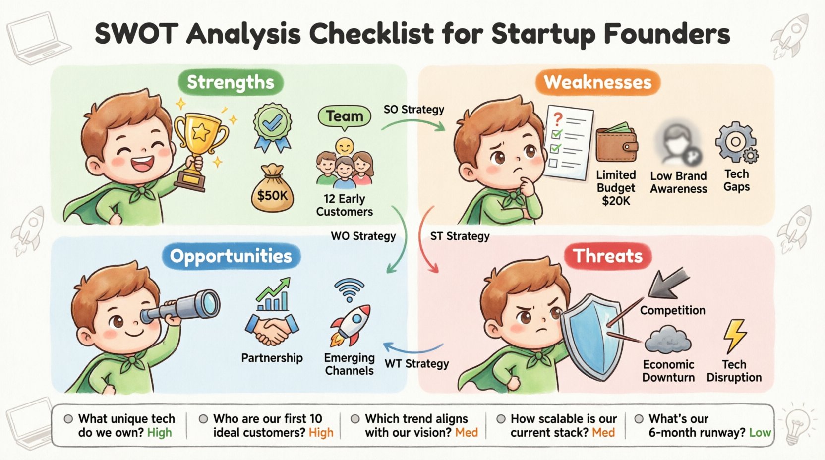 Chibi-style infographic illustrating SWOT Analysis Checklist for First-Time Startup Founders: four quadrants showing Strengths (superhero founder with trophy, patents, team, funding), Weaknesses (founder with checklist, limited resources, brand awareness gaps), Opportunities (founder with telescope spotting market trends, partnerships, emerging channels), and Threats (founder with shield against competition, economic downturns, tech disruption); includes key evaluation questions, priority tags, and SO/WO/ST/WT strategy flow arrows; cute pastel vector design with startup icons like rocket, laptop, and lightbulb on 16:9 layout