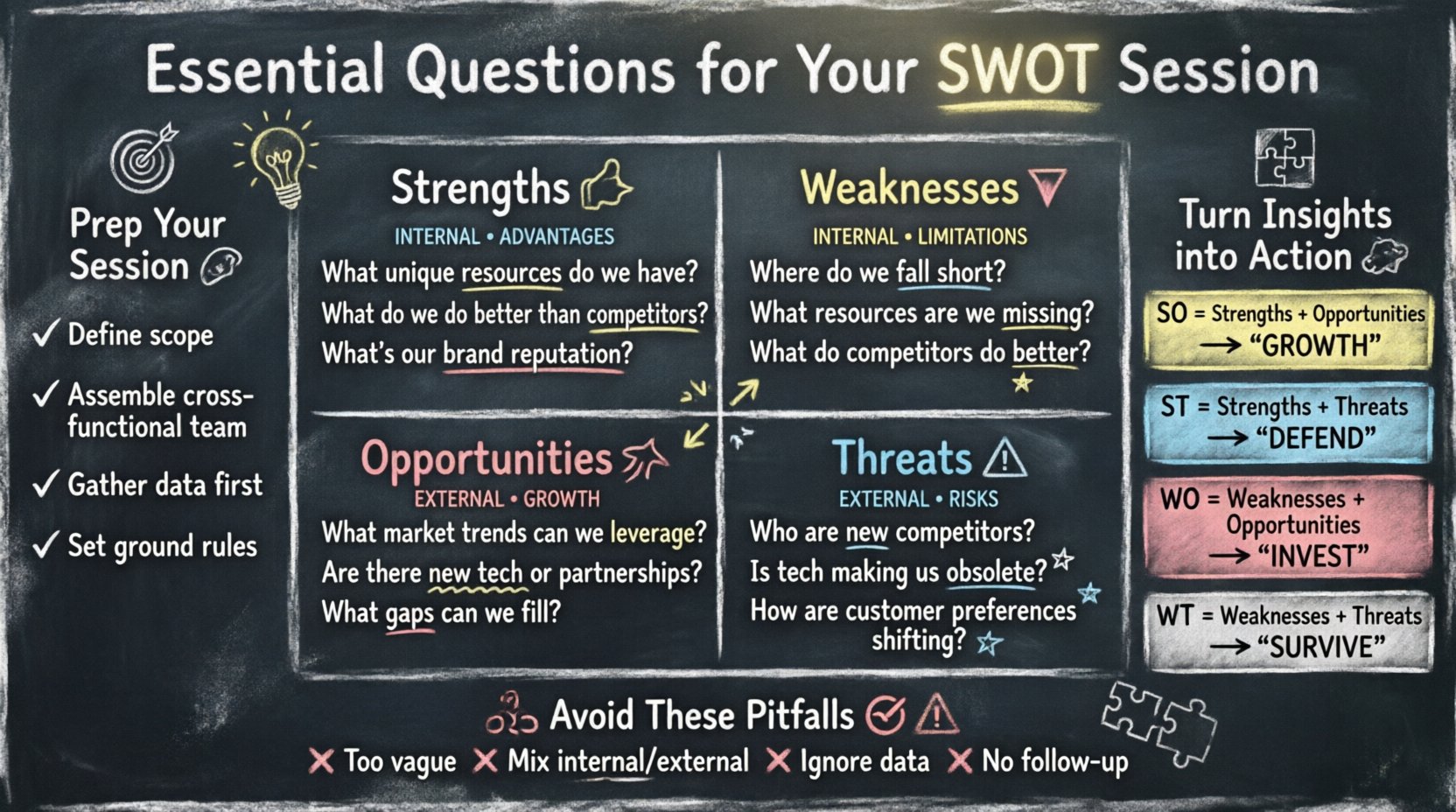 Chalkboard-style infographic showing essential questions for SWOT analysis sessions: Strengths (unique resources, competitive advantages, brand reputation), Weaknesses (performance gaps, missing resources, competitor benchmarks), Opportunities (market trends, new technologies, partnership potential), and Threats (new entrants, tech disruption, shifting preferences). Includes preparation checklist, internal vs external factor guide, SO/ST/WO/WT strategy formulas, and common pitfalls to avoid. Handwritten teacher aesthetic on dark slate background with colored chalk accents, designed for strategic planning workshops and business education.