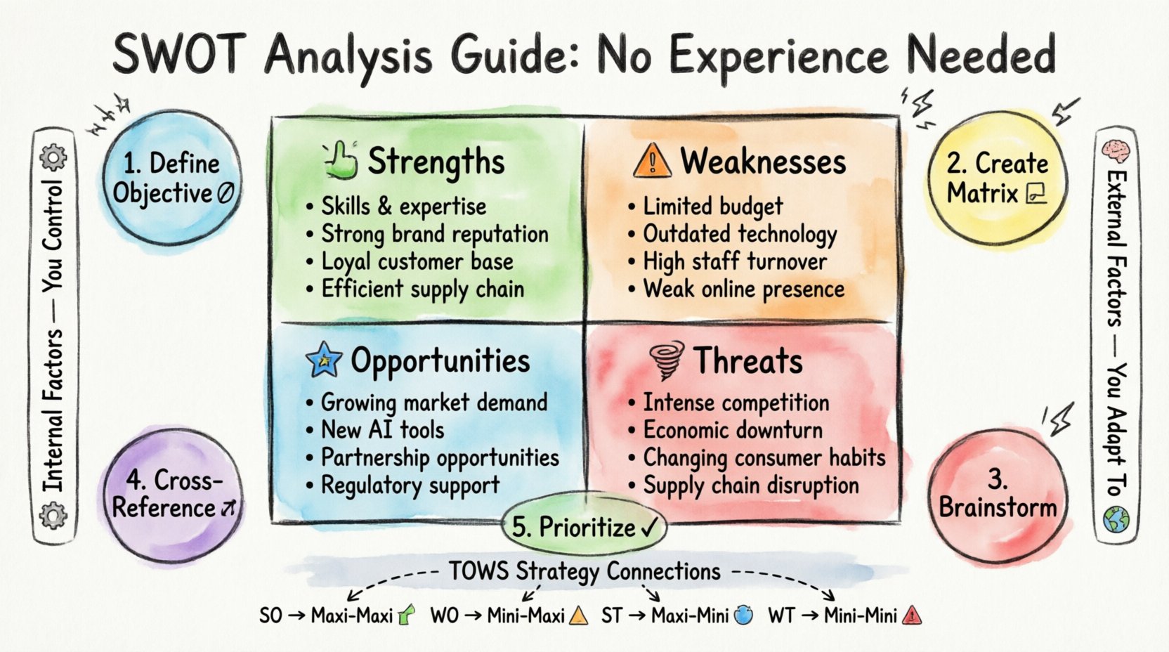 Hand-drawn marker illustration infographic explaining SWOT analysis for beginners: central 2x2 matrix showing Strengths (internal positives like skills and assets), Weaknesses (internal negatives like resource gaps), Opportunities (external positives like market trends), and Threats (external negatives like competition); surrounded by 5-step process flow (Define Objective, Create Matrix, Brainstorm, Cross-Reference, Prioritize); includes TOWS strategy connections and Internal vs External factor distinctions; playful sketchy marker style with color-coded quadrants, icons, and watercolor fills on white background