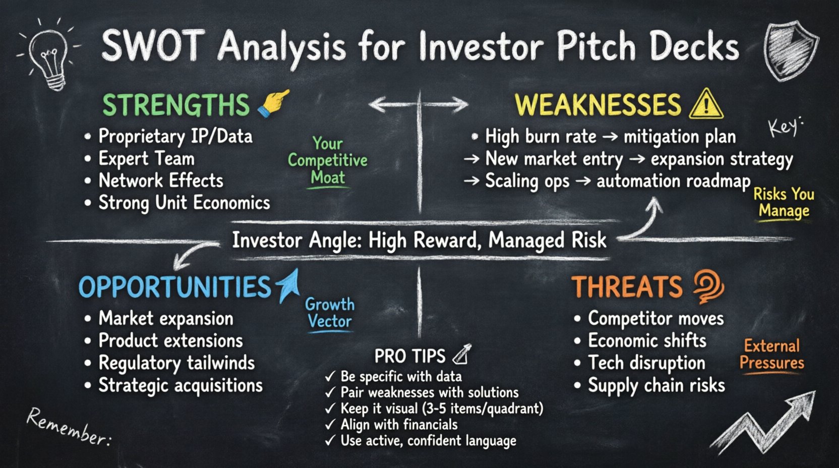 Chalkboard-style infographic illustrating how to integrate SWOT analysis into investor pitch decks: four quadrants showing Strengths (competitive moat, IP, team expertise), Weaknesses (managed risks with mitigation plans), Opportunities (growth vectors, market expansion), and Threats (external pressures, competitor activity), plus pro tips for founders on being specific, aligning with financials, and using confident, data-backed language to build investor trust