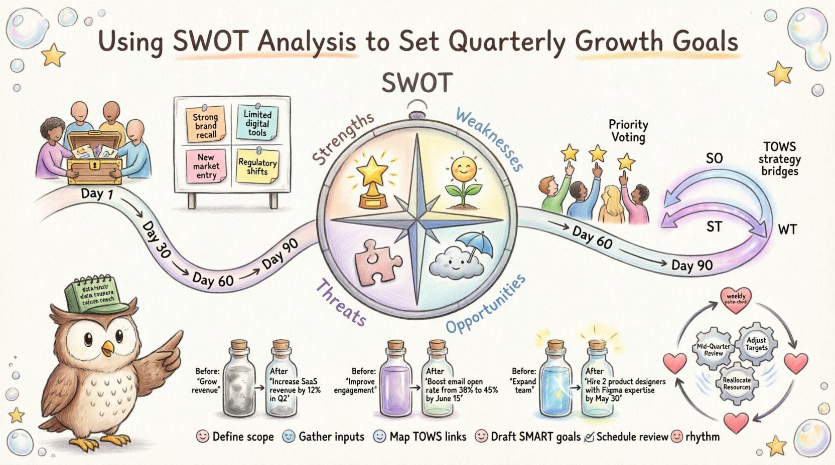 Whimsical infographic illustrating how to use SWOT analysis for quarterly growth goals: features a playful four-quadrant compass showing Strengths, Weaknesses, Opportunities, and Threats; step-by-step process from data gathering to TOWS strategy synthesis; SMART goals transformation examples; risk mitigation tips; and a quarterly review cycle checklist, all in soft pastel hand-drawn style with friendly owl mascot