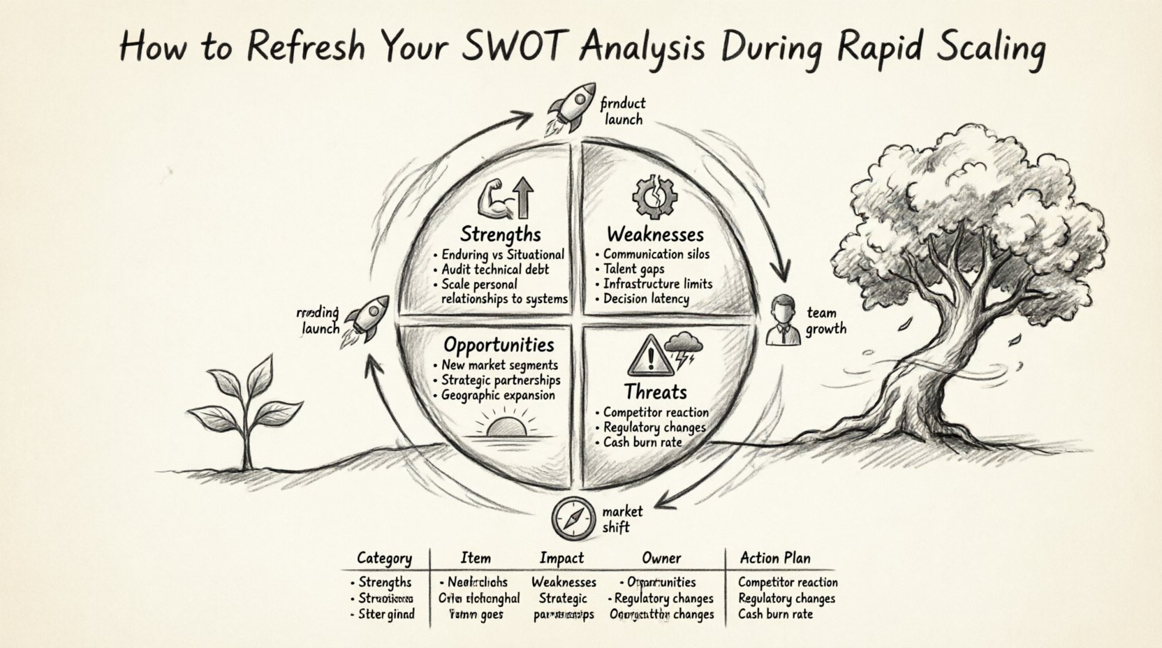 Charcoal contour sketch infographic illustrating how to refresh SWOT analysis during rapid business scaling, featuring four quadrants for Strengths, Weaknesses, Opportunities, and Threats with key considerations, refresh trigger points including funding rounds and market shifts, actionable framework table, and growth metaphors for strategic planning in expanding companies