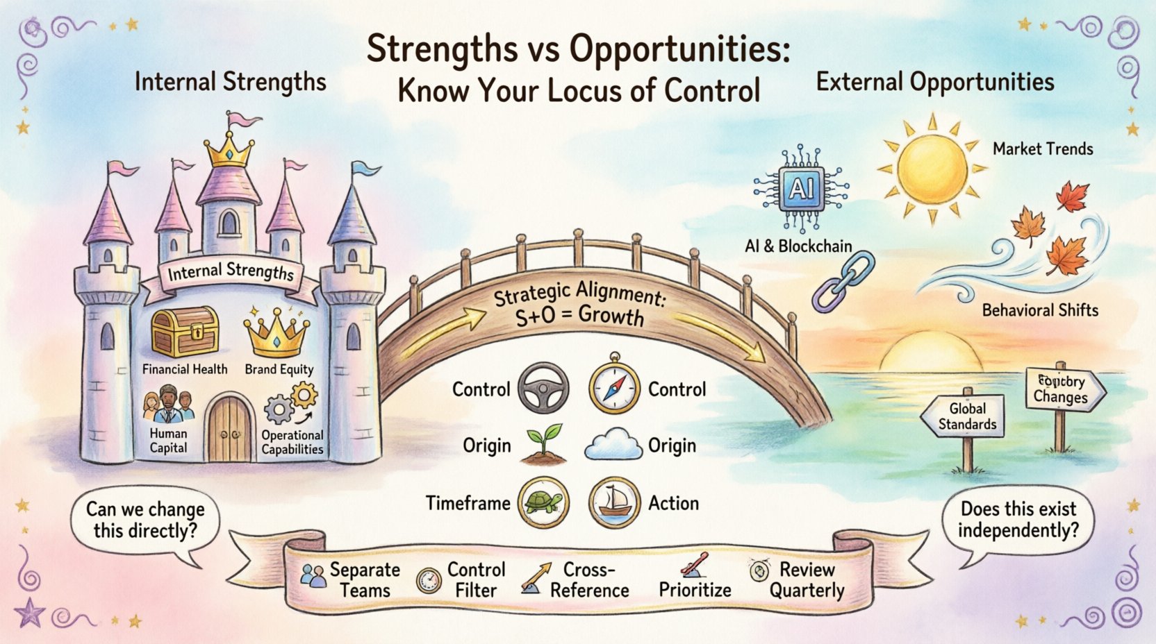 Whimsical infographic illustrating the distinction between internal strengths and external opportunities in SWOT analysis. Features a split design: left side shows a castle representing internal strengths (financial health, brand equity, human capital, operational capabilities) with icons for tangible assets, intangible assets, and processes. Right side depicts a horizon landscape for external opportunities (market trends, technological advancements, regulatory factors) with visual metaphors for demographic shifts, emerging tech, and policy changes. Central bridge labeled 'Strategic Alignment' connects both sides. Includes comparison badges for control, origin, timeframe, and required actions. Verification questions help users classify factors: 'Can we change this directly?' for strengths, 'Does this exist independently?' for opportunities. Bottom roadmap shows 5 implementation steps. Soft pastel whimsical style with hand-drawn elements, 16:9 aspect ratio, English text.
