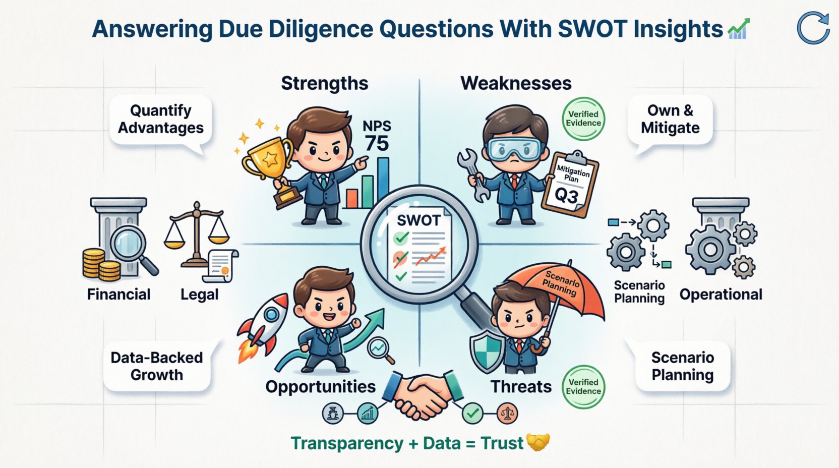 Chibi-style business infographic illustrating how to answer due diligence questions using SWOT analysis framework, featuring cute characters representing Strengths with verified metrics, Weaknesses with mitigation plans, Opportunities with data-backed growth strategies, and Threats with risk management protocols, plus visual pillars for financial, legal, and operational due diligence categories