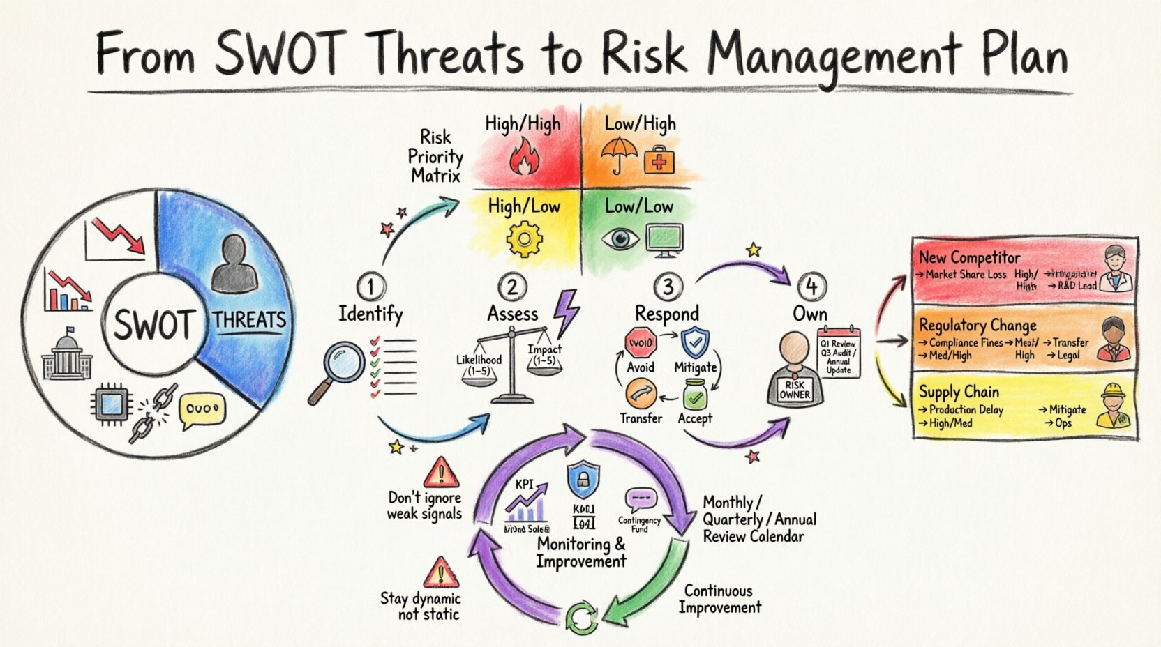 Marker-style infographic showing how to transform SWOT analysis threats into actionable risk management plans: external threat categories (market shifts, competition, regulation, technology, supply chain, reputation), probability-impact risk matrix, four-step workflow (identify-assess-respond-own), four response strategies (avoid-mitigate-transfer-accept) with icons, sample risk register table, and continuous monitoring cycle with KPIs and review frequencies