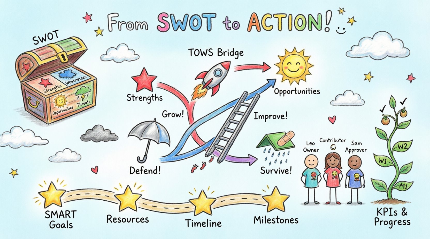 Child's drawing style infographic illustrating how to convert SWOT analysis findings into concrete business actions using the TOWS matrix framework, featuring colorful SO, WO, ST, WT strategy paths, action roadmap with SMART goals, team accountability roles, and progress tracking KPIs for strategic business planning
