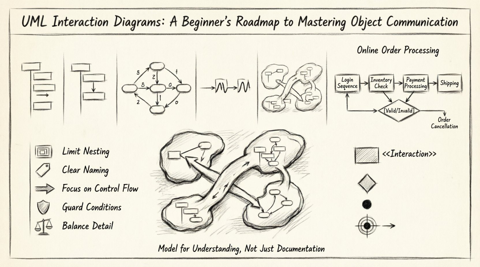 Charcoal sketch infographic titled 'UML Interaction Diagrams: A Beginner's Roadmap to Mastering Object Communication' showing a visual comparison of four UML interaction diagram types (Sequence, Communication, Timing, and Interaction Overview Diagrams), with detailed focus on Interaction Overview Diagram components including interaction frames, control flow arrows, decision junctions, and initial/final nodes; features an example online order processing workflow demonstrating how IODs bridge activity diagrams and sequence diagrams to model complex branching logic, loops, and parallel processes; includes best practices sidebar for designing clear interaction overviews; rendered in monochrome charcoal/contour sketch style on textured paper background, 16:9 aspect ratio, educational resource for software engineers and system architects learning UML behavioral modeling