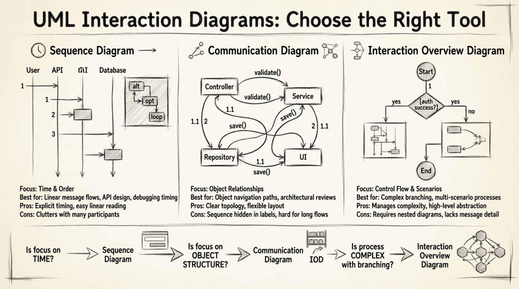 Charcoal sketch infographic comparing UML Sequence, Communication, and Interaction Overview diagrams for software architecture modeling, showing primary focus areas, layout styles, best-use scenarios, pros and cons, and a decision framework flowchart to help developers choose the right interaction diagram for their project needs