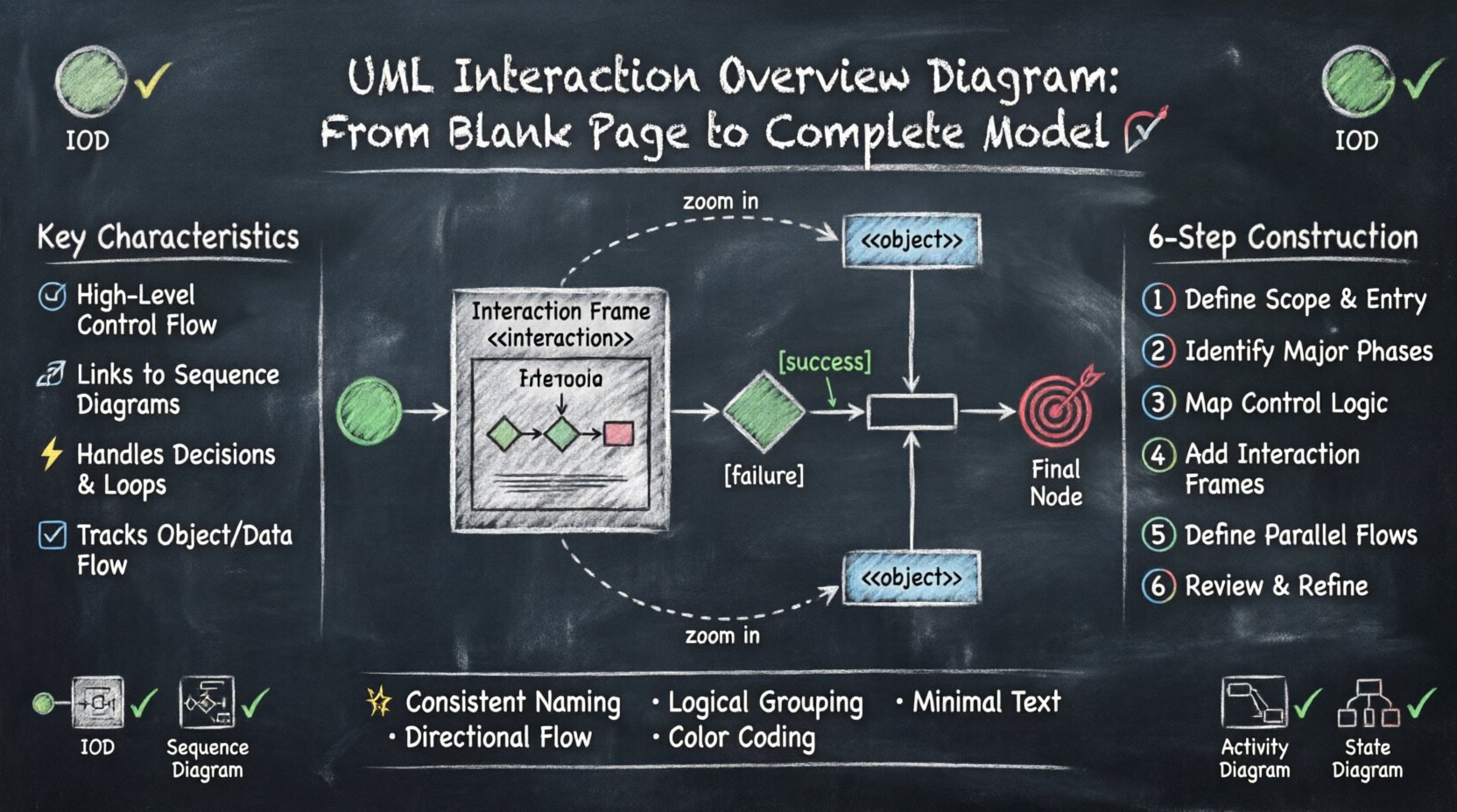 Chalkboard-style educational infographic explaining UML Interaction Overview Diagrams, showing core elements like initial/final nodes, control nodes, interaction frames, and a 6-step construction guide with hand-written teacher-style annotations