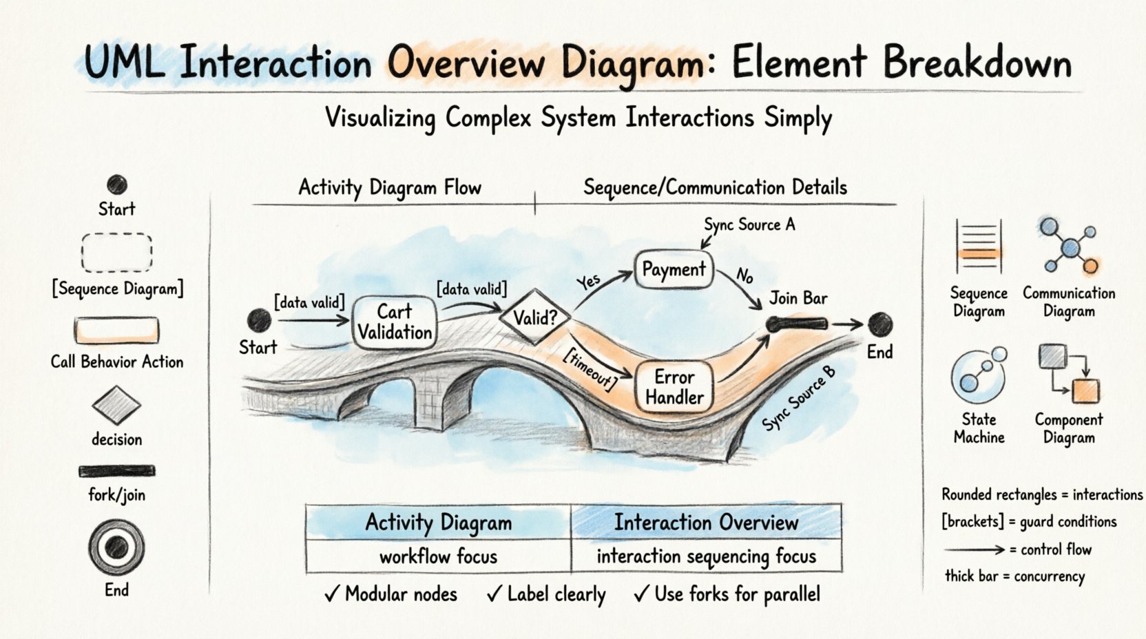 Hand-drawn educational infographic breaking down UML Interaction Overview Diagram components: initial/final nodes, interaction nodes encapsulating sequence diagrams, activity nodes, control flows with guard conditions, fork/join concurrency bars, and integration with Sequence, Communication, State Machine, and Component diagrams, plus practical examples and best practices in a clean 16:9 sketch-style layout