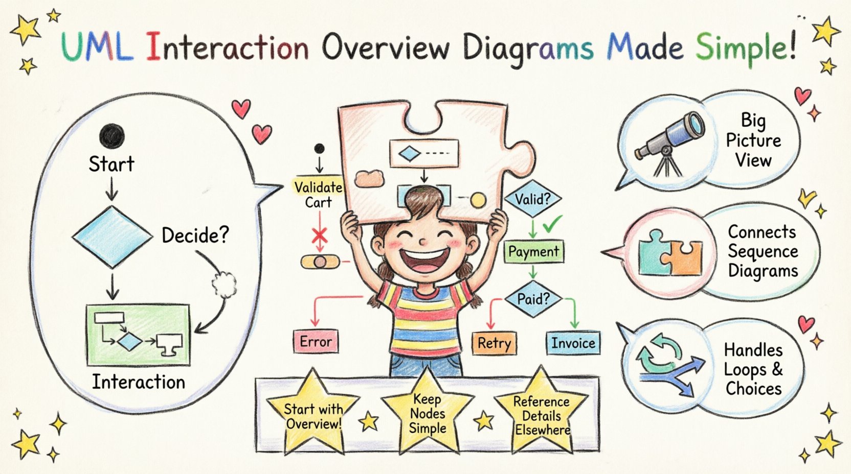 Child-friendly crayon-style infographic explaining UML Interaction Overview Diagrams for students, featuring playful hand-drawn symbols including start circles, decision diamonds, and interaction rectangles connected by flow arrows, with a simple e-commerce checkout example showing validation, payment decisions, and error handling paths, plus comparison tips highlighting big-picture control flow versus detailed sequence diagrams, all rendered in bright colors with wobbly lines and doodle accents on white background
