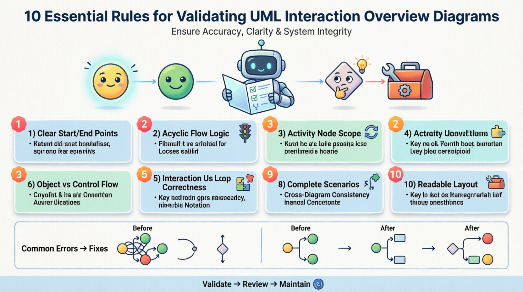 Cartoon infographic presenting 10 essential rules for validating UML Interaction Overview Diagrams: clear start/end points, acyclic control flow, activity node scope, object vs control flow distinction, interaction use correctness, consistent loop notation, naming conventions, scenario completeness, cross-diagram consistency, and readable layout. Features friendly robot engineer character, colorful numbered rule cards with icons, and quick-reference error correction examples in a clean 16:9 widescreen design for software architects and developers.