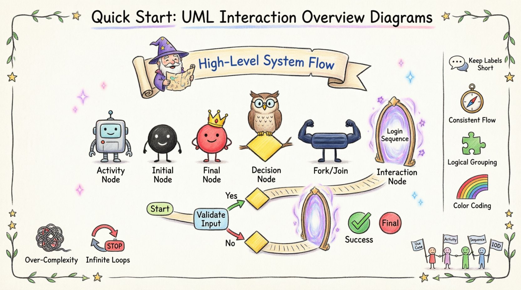Whimsical infographic guide to UML Interaction Overview Diagrams showing key symbols like activity nodes, decision diamonds, and interaction portals, with a playful step-by-step workflow for modeling system control flow, best practices icons, and common pitfalls to avoid, all in a friendly cartoon style with pastel colors