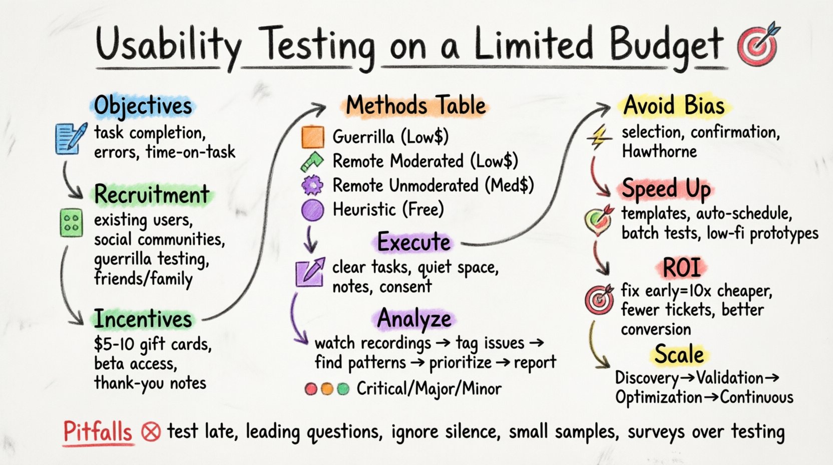 Hand-drawn whiteboard infographic illustrating how to conduct usability testing on a limited budget, featuring color-coded sections for core objectives, low-cost recruitment strategies, methodology comparison table, test execution checklist, analysis workflow with severity ratings, bias management techniques, ROI metrics, phased scaling approach, and common pitfalls to avoid, all presented in an intuitive 16:9 landscape layout with marker-style visuals and simple icons