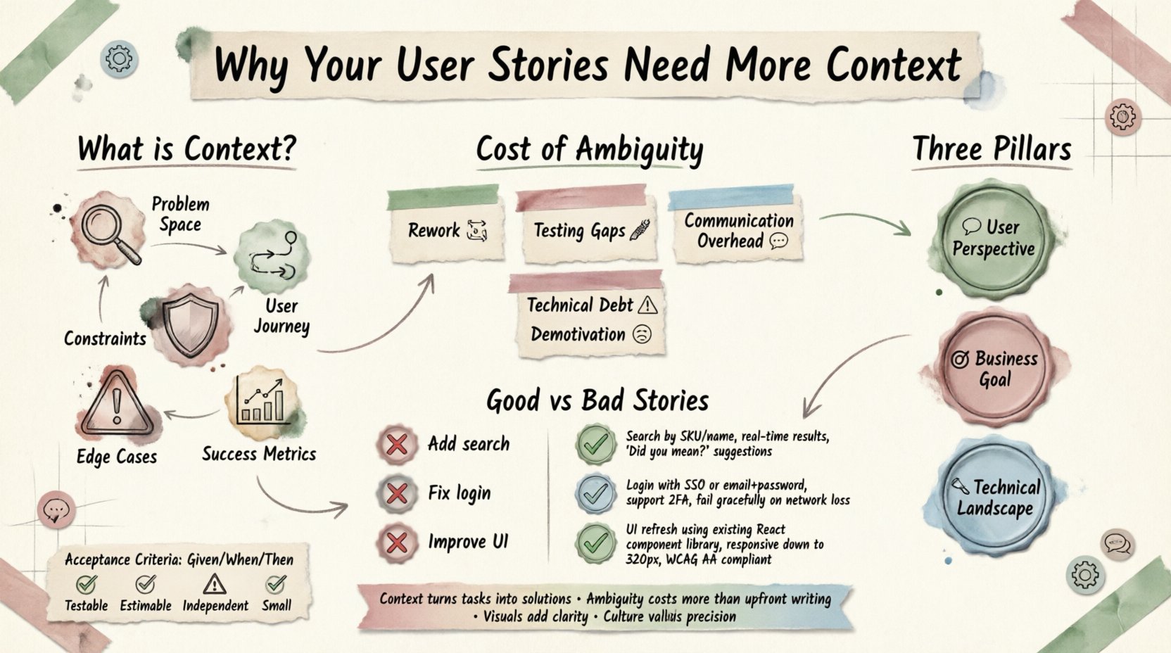 Infographic in stamp and washi tape craft style summarizing why user stories need more context in software development, covering context elements (problem space, user journey, constraints, edge cases, success metrics), costs of ambiguity (rework, testing gaps, communication overhead, technical debt, demotivation), three pillars (user perspective, business goal, technical landscape), good vs bad story examples, Given/When/Then acceptance criteria format, Definition of Ready checklist, and key takeaways for agile teams