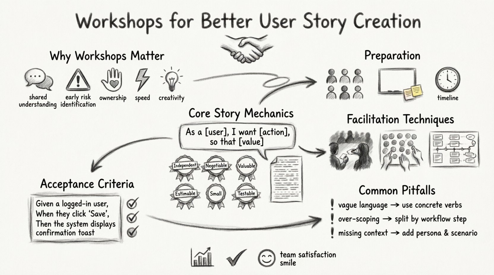 Charcoal sketch infographic summarizing workshops for better user story creation: illustrates benefits of collaborative agile sessions, preparation steps with 5-8 participants, standard story format (As a/I want/So that), INVEST criteria checklist, facilitation techniques like silent brainstorming and dot voting, acceptance criteria using Given-When-Then examples, common pitfalls with solutions, and success metrics for measuring workshop effectiveness