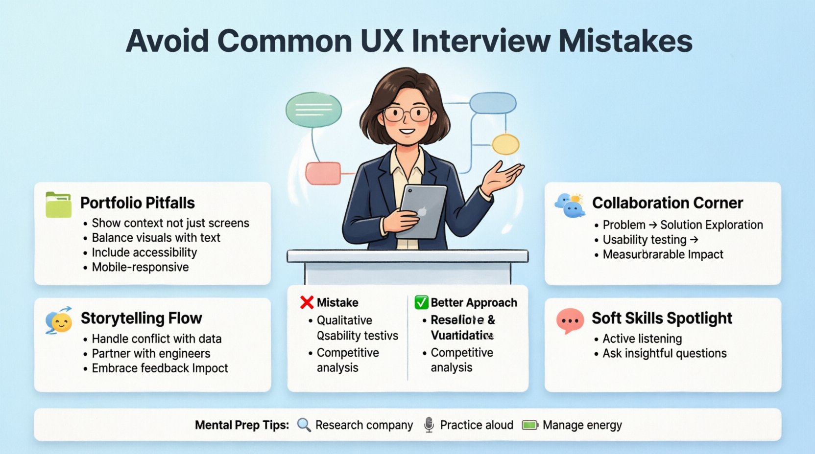 Cartoon infographic illustrating common UX interview mistakes to avoid: portfolio presentation errors, storytelling in case studies, collaboration strategies, research validation methods, and communication soft skills, with side-by-side comparisons of mistakes versus better approaches for landing a user experience design job