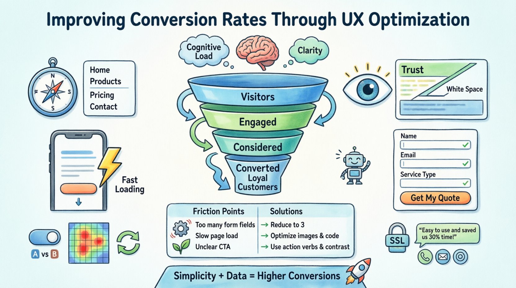 Cartoon infographic illustrating UX optimization strategies to improve conversion rates: user psychology principles, streamlined navigation, visual hierarchy, mobile-first design, performance optimization, frictionless forms, trust signals, and continuous A/B testing - all visualized in a colorful 16:9 layout with icons and user journey funnel