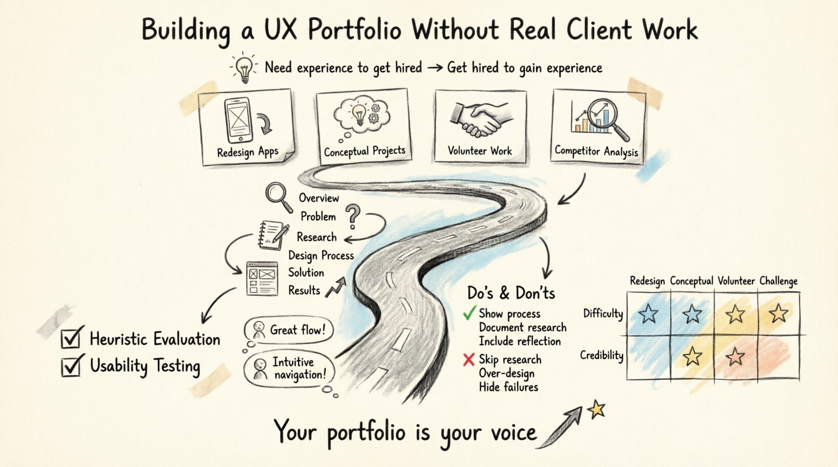 Hand-drawn sketch infographic illustrating how to build a UX design portfolio without real client experience, featuring a roadmap with four project sourcing methods (redesigns, conceptual projects, volunteer work, competitor analysis), case study structure timeline, design validation techniques, common mistakes to avoid, and project type comparison chart for aspiring UX designers