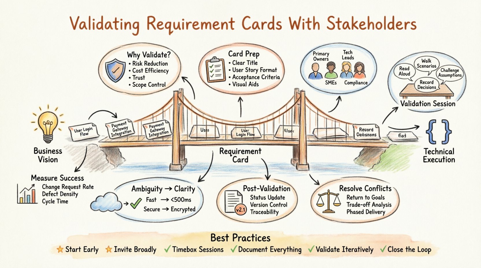 Hand-drawn infographic summarizing best practices for validating requirement cards with stakeholders in software development, covering why validation matters, card preparation checklist, stakeholder identification, validation session flow, conflict resolution strategies, clarifying ambiguity with objective measures, post-validation documentation, and key performance indicators for measuring effectiveness