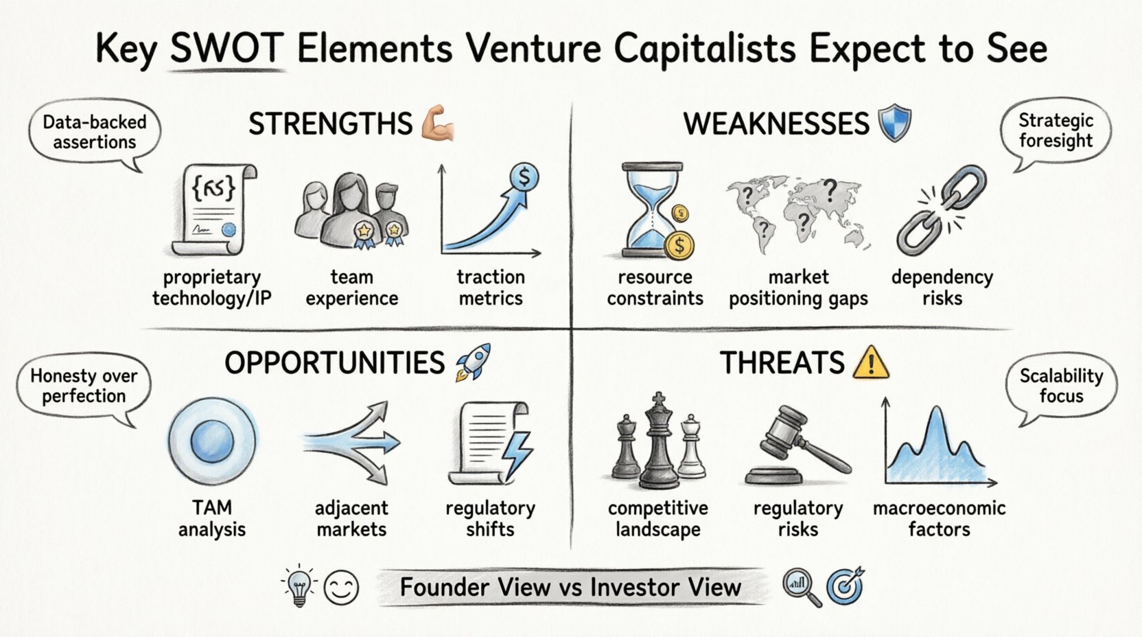 Sketch-style infographic illustrating the four SWOT quadrants venture capitalists evaluate in startups: Strengths (proprietary technology, team experience, traction metrics), Weaknesses (resource constraints, market gaps, dependencies), Opportunities (TAM analysis, market expansion, regulatory shifts), and Threats (competition, legal risks, macroeconomic factors), with VC-focused expectations like data-backed assertions, strategic foresight, and scalability emphasis