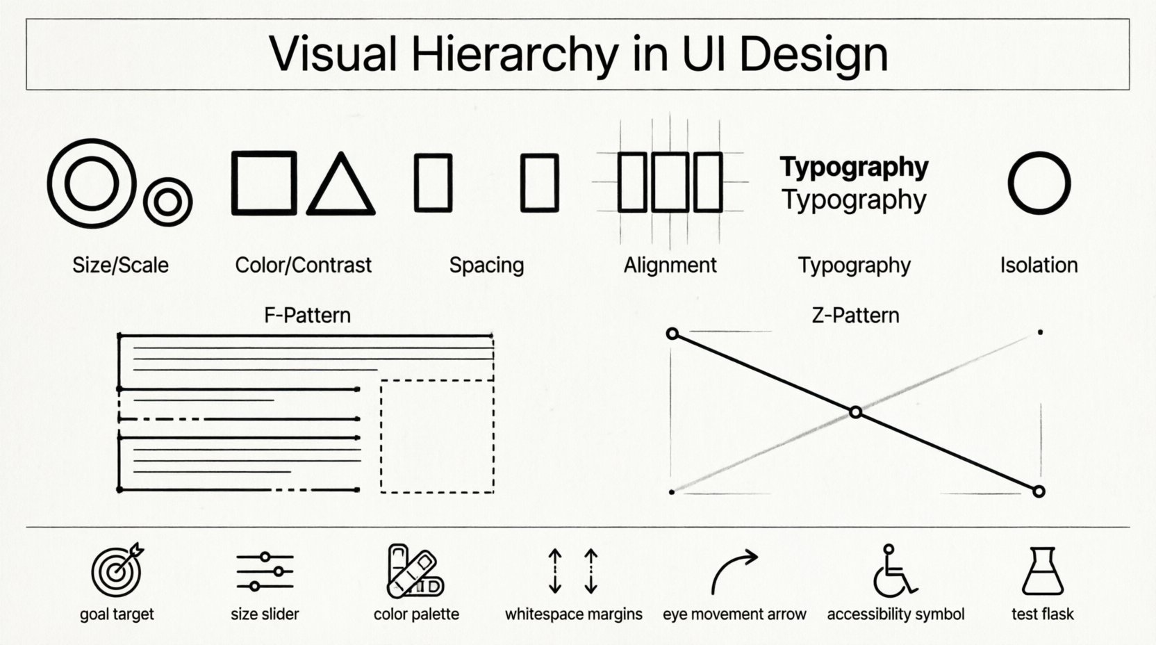 Line art infographic illustrating the six core principles of visual hierarchy in interface design: size and scale, color and contrast, spacing and whitespace, alignment and position, typography, and isolation. Features F-pattern and Z-pattern user scanning diagrams, interactive feedback states, accessibility considerations, and a best practices checklist for UX designers. Minimalist black line art on white background, 16:9 aspect ratio, English labels.