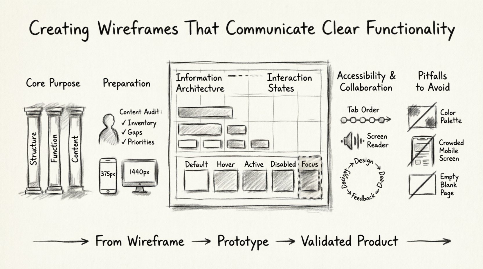 Charcoal sketch infographic illustrating the wireframing process for clear functionality: core purpose pillars (structure, function, content), preparation steps, information architecture with hierarchy and grid systems, interaction states (default, hover, active, disabled, focus), accessibility considerations, collaboration workflows, and common pitfalls to avoidβpresented as a hand-drawn contour blueprint guiding UX designers from concept to validated prototype