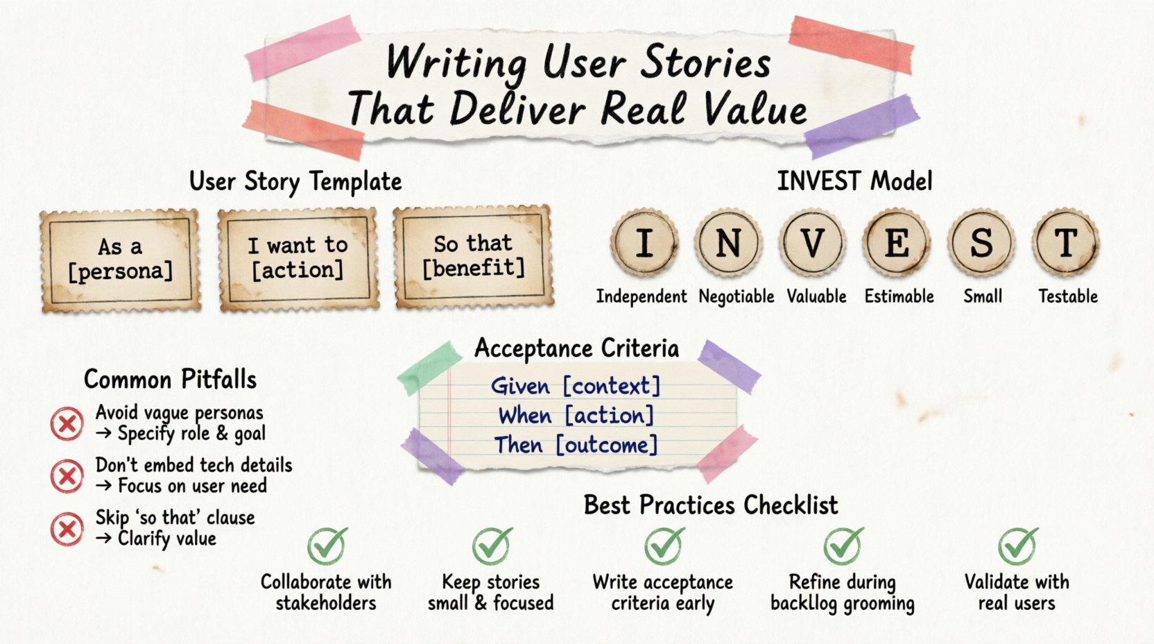 Infographic summarizing how to write valuable user stories: features the As a/I want to/So that template, INVEST model criteria (Independent, Negotiable, Valuable, Estimable, Small, Testable), Given/When/Then acceptance criteria format, common pitfalls to avoid, and best practices checklist, designed in a handmade stamp and washi tape scrapbook style