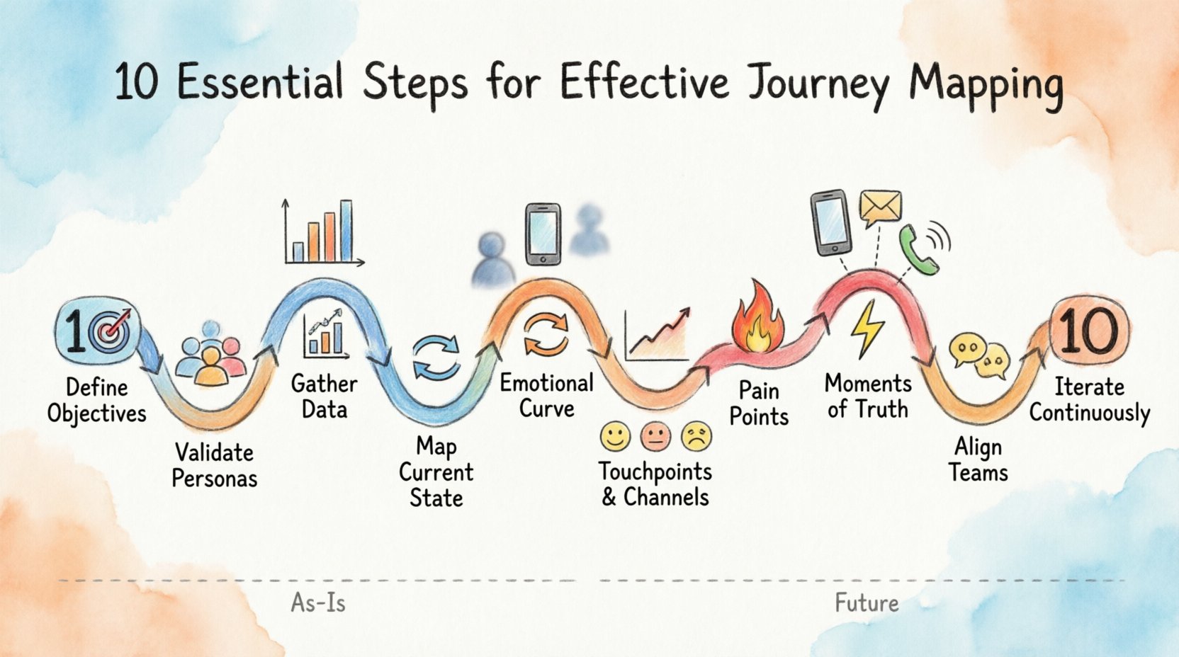 Marker illustration infographic displaying 10 essential steps for effective customer journey mapping in horizontal flow: 1) Define clear objectives with target icon, 2) Identify and validate user personas, 3) Gather qualitative and quantitative data with chart symbols, 4) Map current state as-is journey, 5) Identify all touchpoints across digital, physical and human channels, 6) Visualize emotional curve showing user highs and lows, 7) Pinpoint pain points and friction areas, 8) Highlight critical moments of truth with star markers, 9) Align cross-functional stakeholders, 10) Iterate and monitor continuously with refresh symbol. Hand-drawn marker style with colorful sketches, icons, and visual flow path on soft watercolor background.