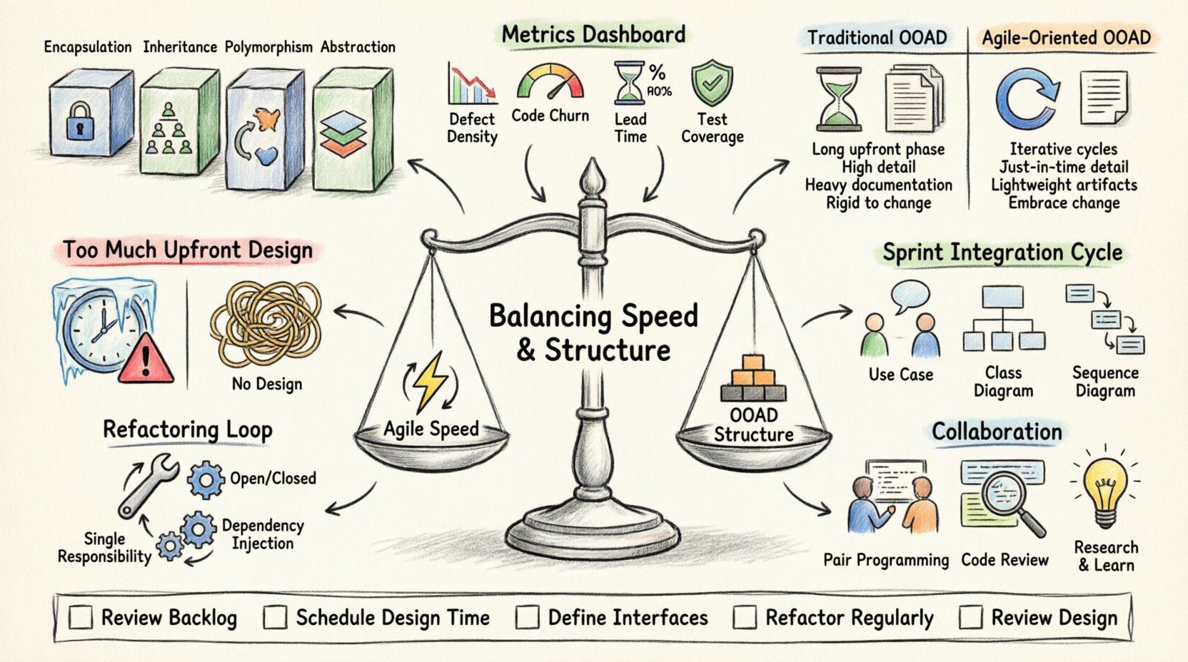 Hand-drawn infographic illustrating how Agile software teams balance rapid iteration with Object-Oriented Analysis and Design principles, featuring OOAD pillars (encapsulation, inheritance, polymorphism, abstraction), traditional vs agile design comparison, sprint integration artifacts, refactoring practices, collaboration methods, and success metrics for building maintainable, scalable software systems