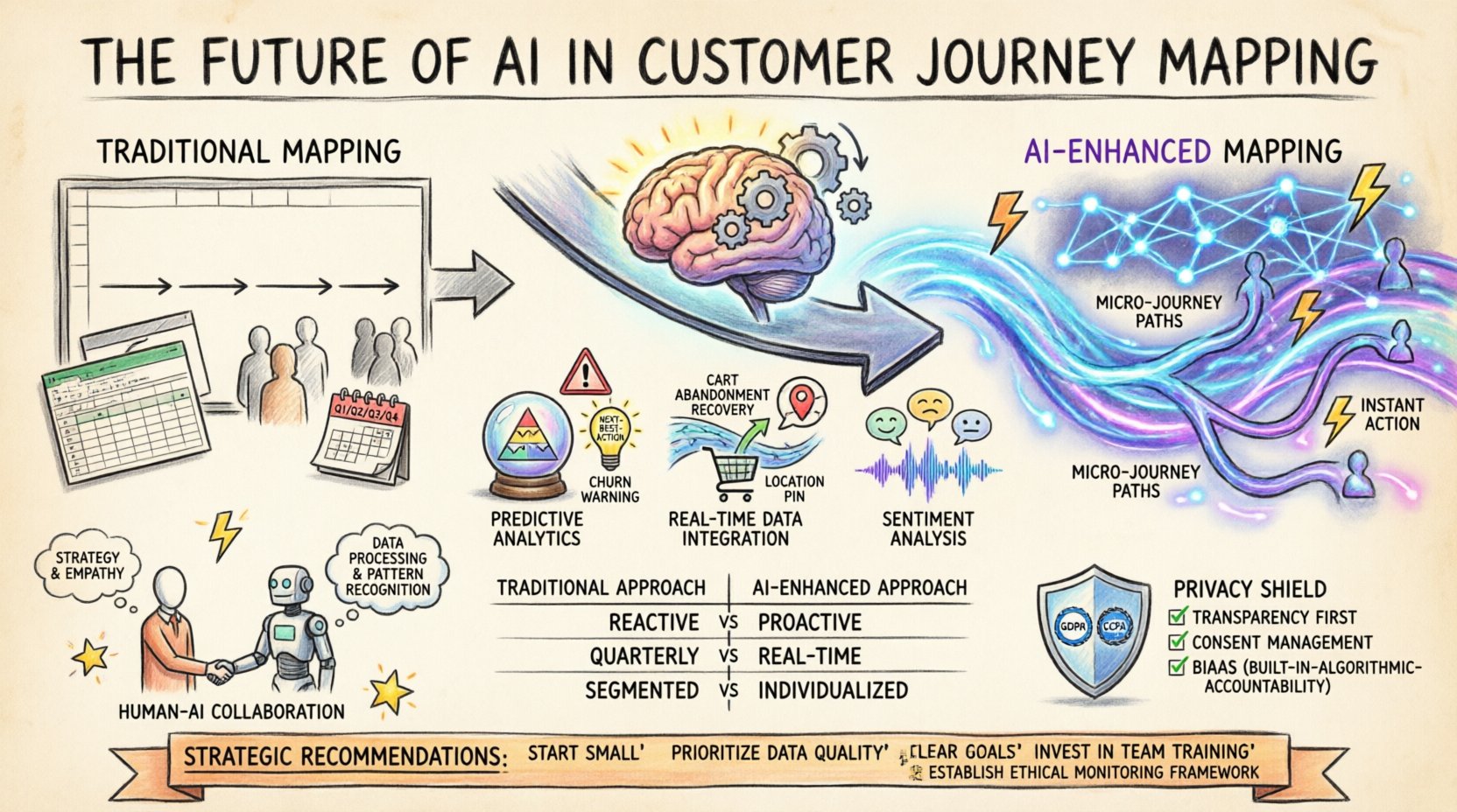 Hand-drawn infographic illustrating the evolution from static to AI-powered customer journey mapping, featuring predictive analytics, real-time data integration, sentiment analysis, human-AI collaboration, ethical considerations, and strategic recommendations for modern customer experience strategy