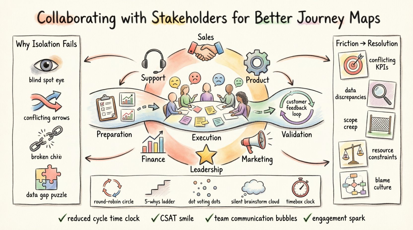 Hand-drawn infographic illustrating collaborative stakeholder journey mapping: shows 6 key departments (Support, Sales, Product, Marketing, Finance, Leadership) surrounding a central customer journey map, with 3-phase workflow (Preparation, Execution, Validation), common friction points with resolution strategies, facilitation techniques like round-robin and dot voting, and success metrics including reduced cycle time and increased CSAT—all rendered in thick-outline sketch style with warm watercolor accents