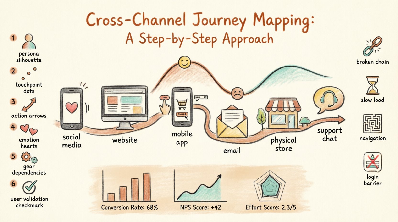 Hand-drawn infographic illustrating cross-channel journey mapping: a customer persona travels along a winding path through touchpoints including social media, website, mobile app, email, physical store, and support chat, with an emotional curve overlay showing satisfaction peaks and friction dips, surrounded by the 6-step process icons, common friction warnings, and key performance metrics dashboard, all rendered in thick outline stroke illustration style on cream background