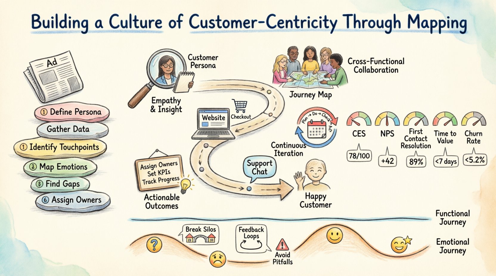 Hand-drawn infographic illustrating how to build a customer-centric culture through journey mapping: features a central customer journey path with touchpoints, four foundational pillars (Empathy & Insight, Cross-Functional Collaboration, Continuous Iteration, Actionable Outcomes), six-step implementation process, key success metrics (CES, NPS, First Contact Resolution, Time to Value, Churn Rate), comparison of functional vs emotional journey stages, and strategies for breaking silos and sustaining culture—all presented in a warm, sketched watercolor style with handwritten labels for intuitive visual learning.