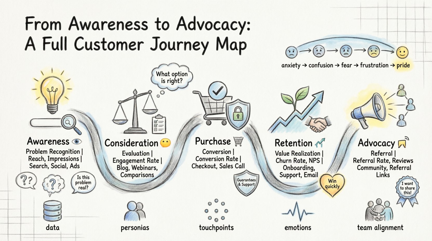Sketch-style infographic illustrating the 5-stage customer journey map: Awareness (problem recognition, search/social touchpoints), Consideration (evaluation, comparisons/webinars), Purchase (conversion, checkout optimization), Retention (value realization, onboarding/support), and Advocacy (referrals, community engagement). Features hand-drawn icons, key metrics per stage, emotional journey arc from anxiety to pride, and implementation checklist for building customer-centric experiences.