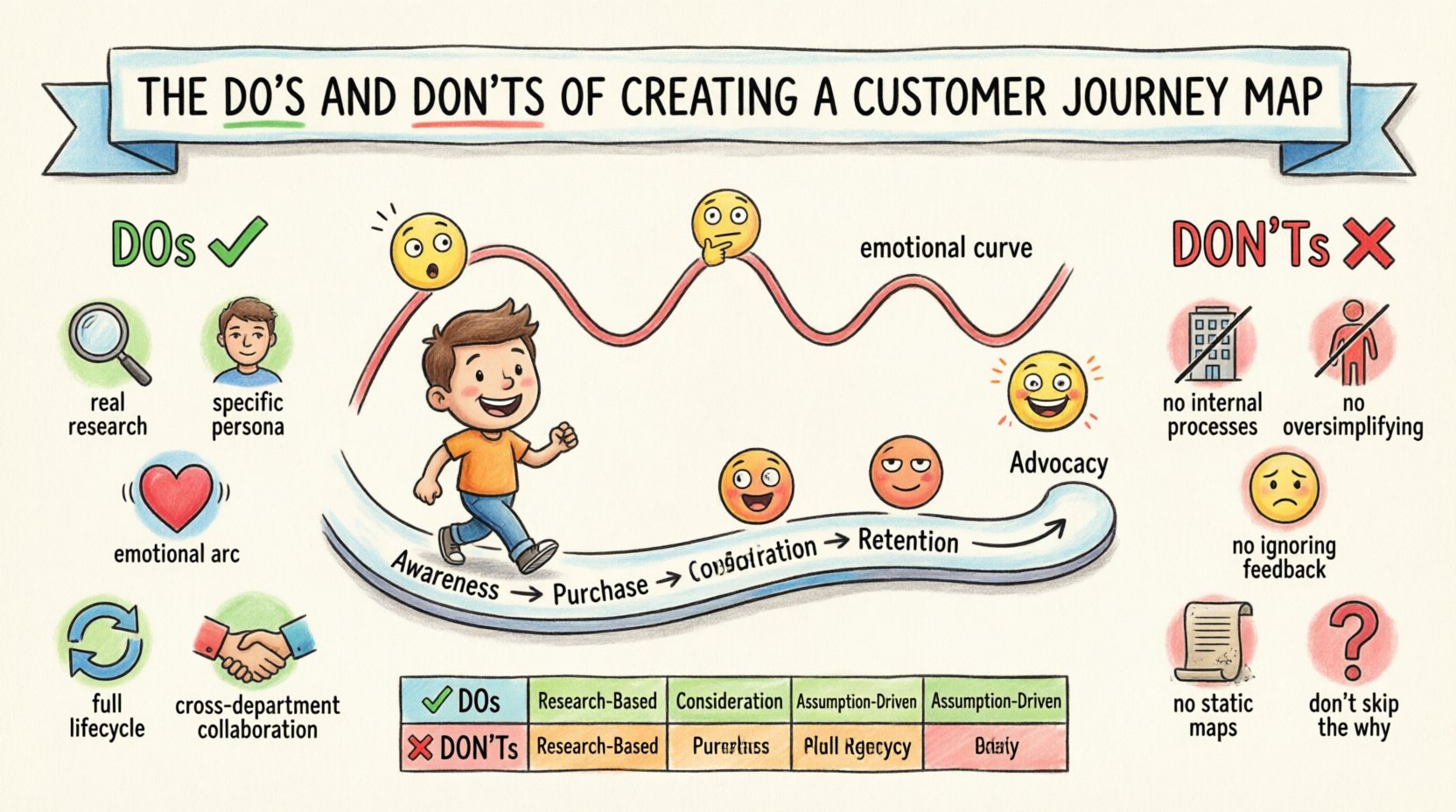 Cartoon infographic illustrating the do's and don'ts of creating a customer journey map, featuring a friendly character navigating awareness to advocacy stages with emotional curve, touchpoints, green checkmarks for best practices like real research and persona focus, red X marks for pitfalls like internal processes and static documents, all in vibrant 16:9 layout for UX and marketing teams