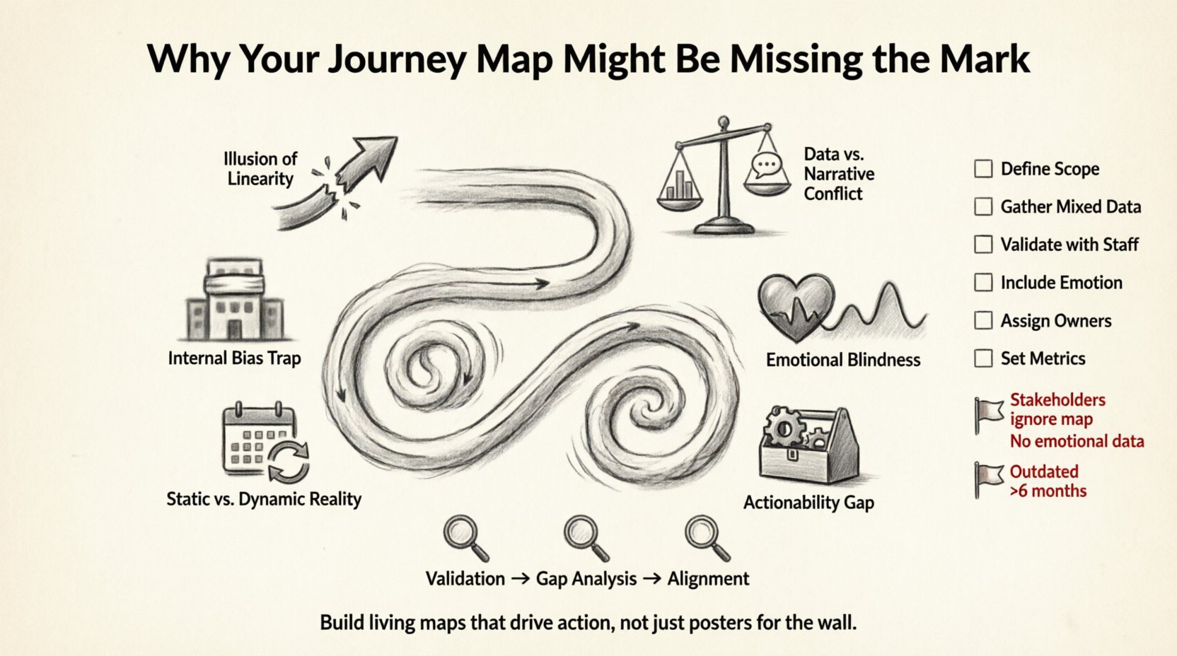 Sketch-style infographic showing six key reasons customer journey maps fail: illusion of linearity, data vs. narrative conflict, internal bias trap, emotional blindness, static vs. dynamic reality, and actionability gap. Features a non-linear journey path with hand-drawn icons, a 3-phase audit framework (Validation, Gap Analysis, Alignment), and a success checklist for building living, actionable journey maps that improve customer experience and drive business strategy.