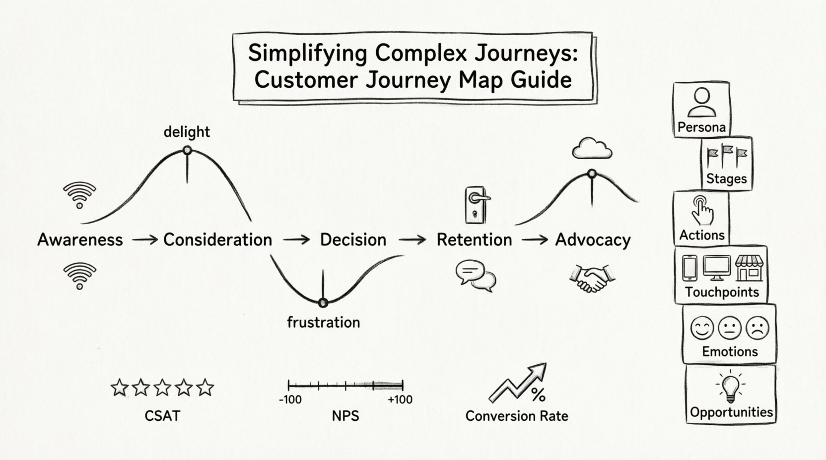 Line art infographic illustrating a beginner's guide to customer journey mapping, featuring a 5-stage timeline (Awareness, Consideration, Decision, Retention, Advocacy) with an emotional curve, six core components (persona, stages, actions, touchpoints, emotions, opportunities), touchpoint icons, and key success metrics including CSAT, NPS, and conversion rate